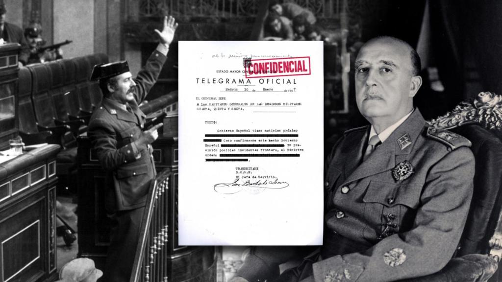 Antonio Tejero durante el golpe de Estado del 23-F, el dictador Francisco Franco y una simulación de un documento clasificado. Diseño: F. D. Quijano