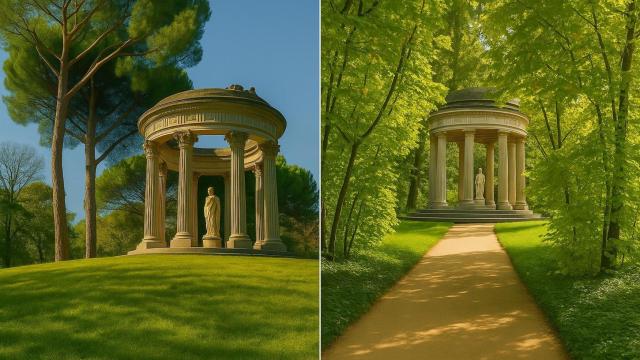 Vistas de los jardines y del palacio de El Capricho.