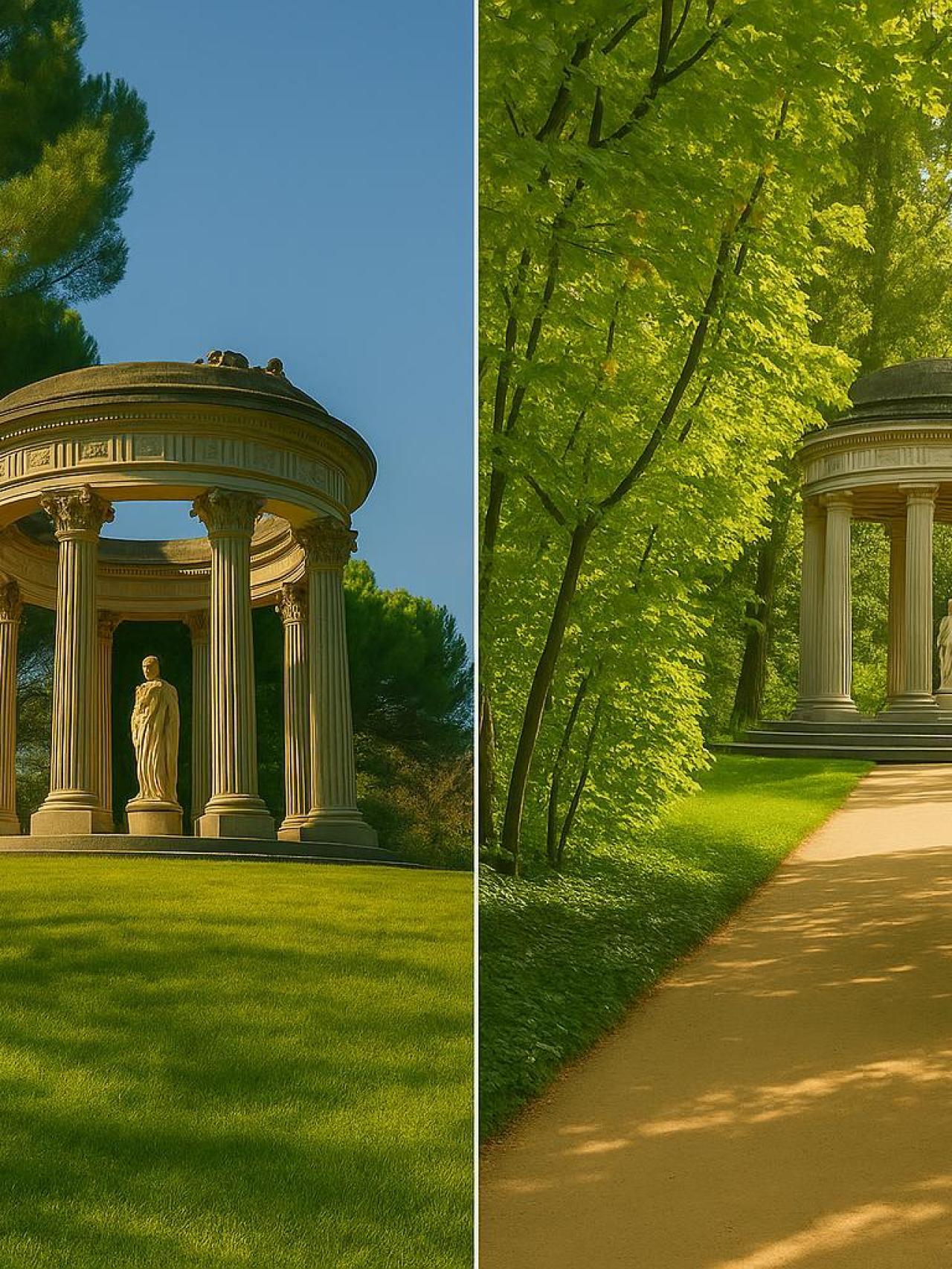 Vistas de los jardines y del palacio de El Capricho.