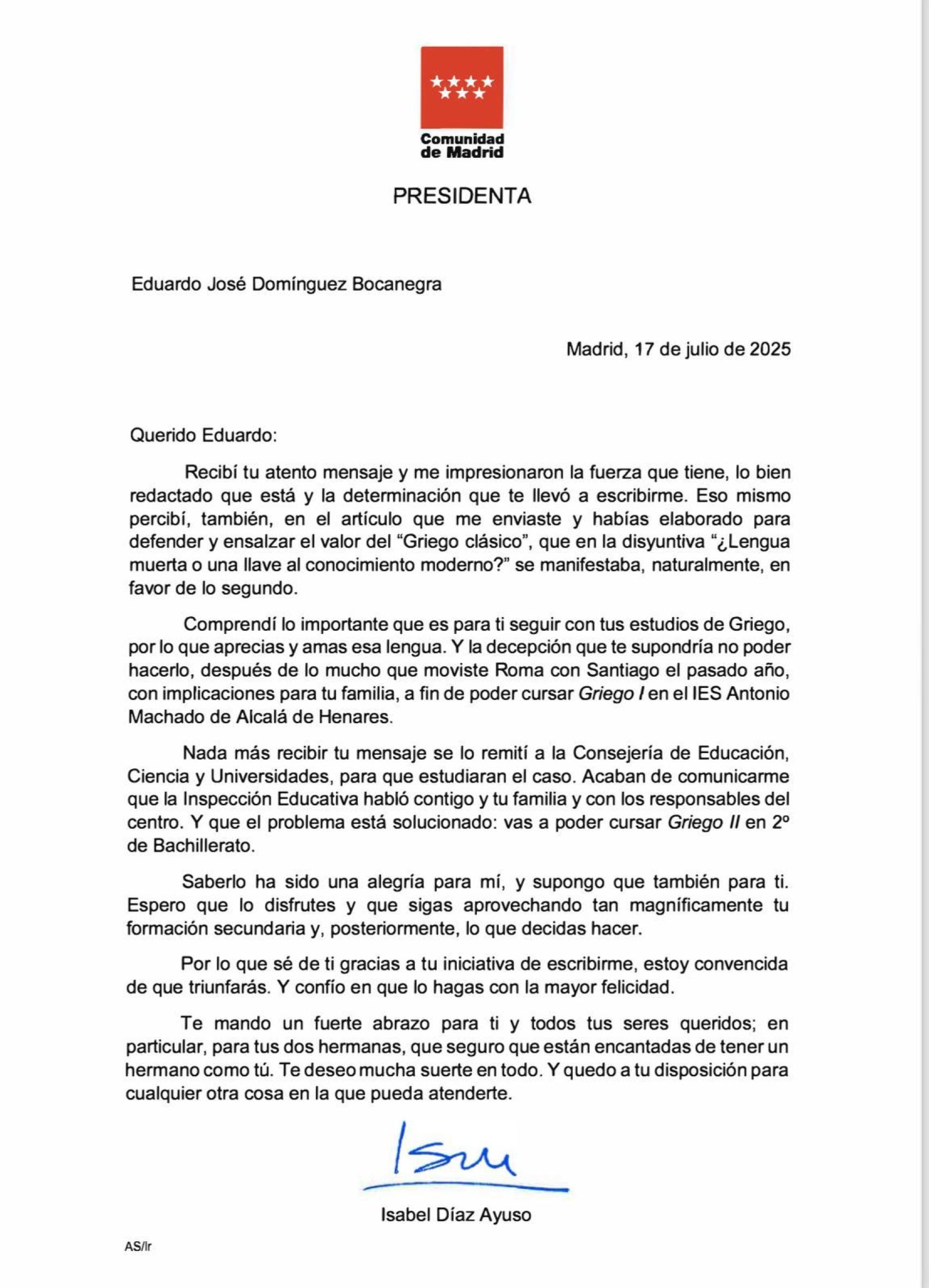 Carta de Isabel Díaz Ayuso por la que se aprueba Griego II después de haberla suspendido.