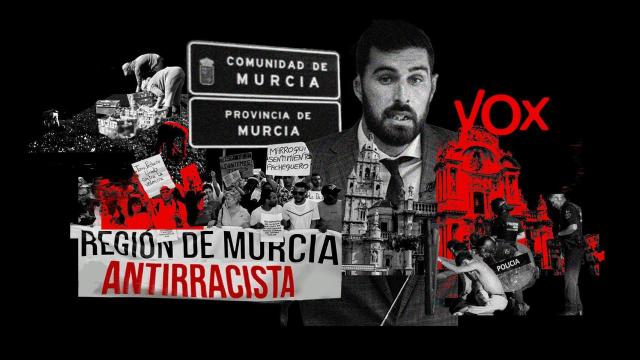 El presidente de Vox Murcia, José Ángel Antelo, y varias escenas de las manifestaciones de Torre Pacheco y de jornaleros marroquís de la Región de Murcia.
