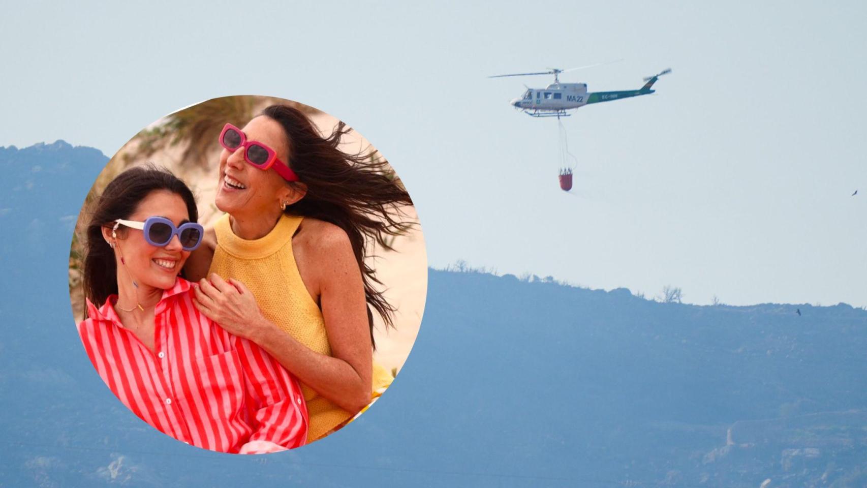 Collage de una imagen del incendio y Paz Padilla y su hija.