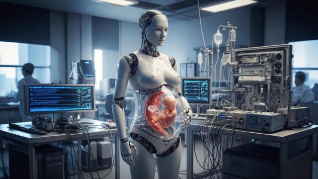 Imagen de un robot biónico gestando a un bebé, creada con IA.