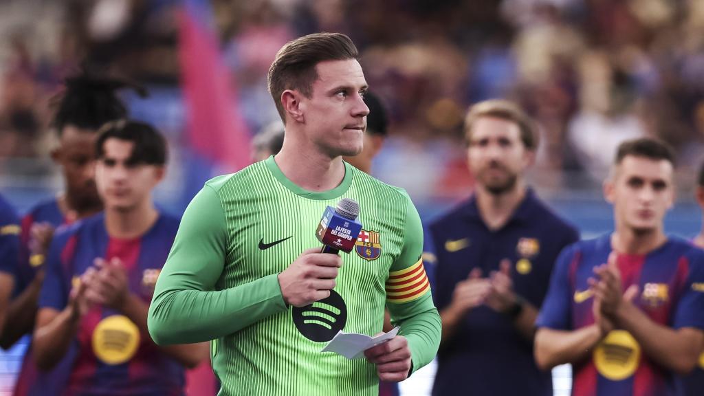 Ter Stegen, durante su discurso previo al Trofeo Joan Gamper del pasado domingo.