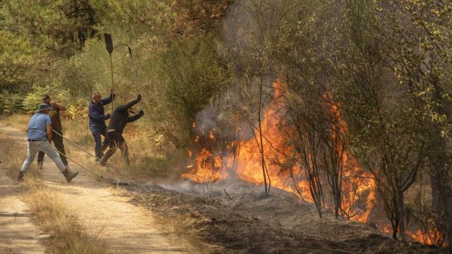 Unos vecinos trabajan en labores de extinción en un incendio forestal en la provincia de Ourense, este domingo.