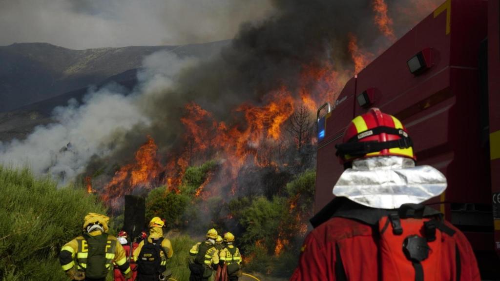 Efectivos de la UME trabajan para sofocar las llamas en el incendio de Jarilla.