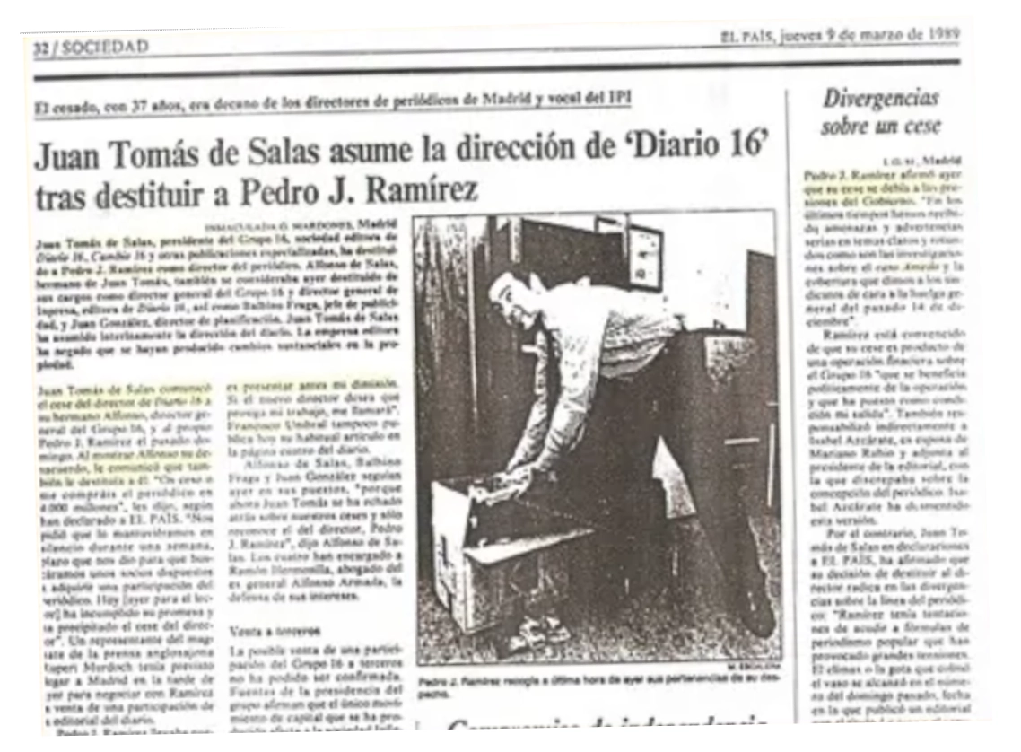 Portada del artículo “Adiós a Camelot”, título de la novela de Pedro J. Ramírez que narra la historia del diario 16.