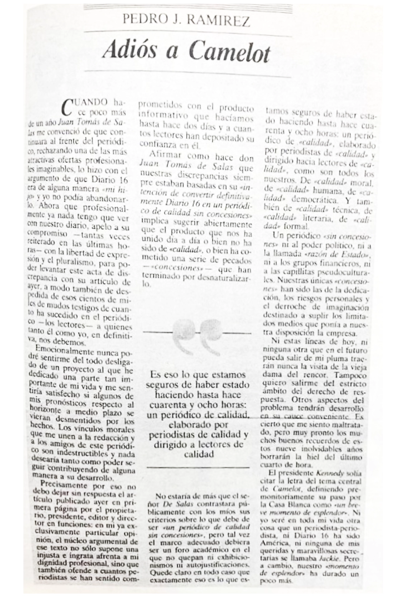Portada del artículo “Adiós a Camelot”, título de la novela de Pedro J. Ramírez que narra la historia del diario 16.
