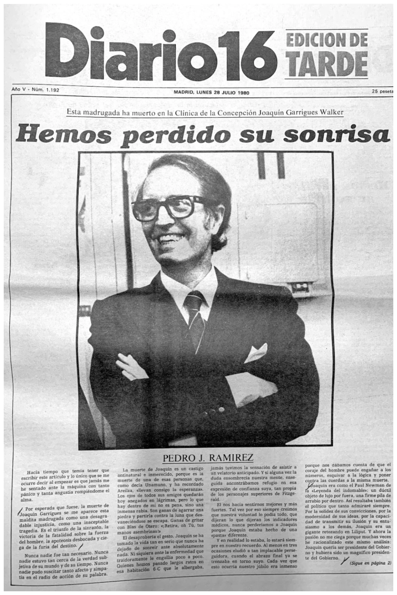 Diario 16 sobre la muerte de Joaquín Garrigues Walker.