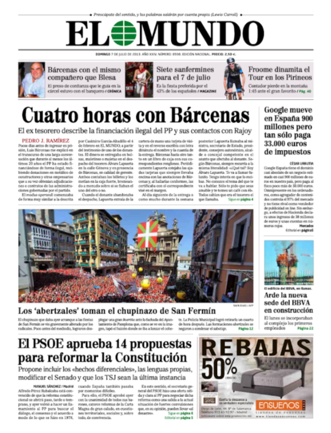 La portada de El Mundo el 7 de julio de 2013, cuando se destapa la financiación ilegal del PP.